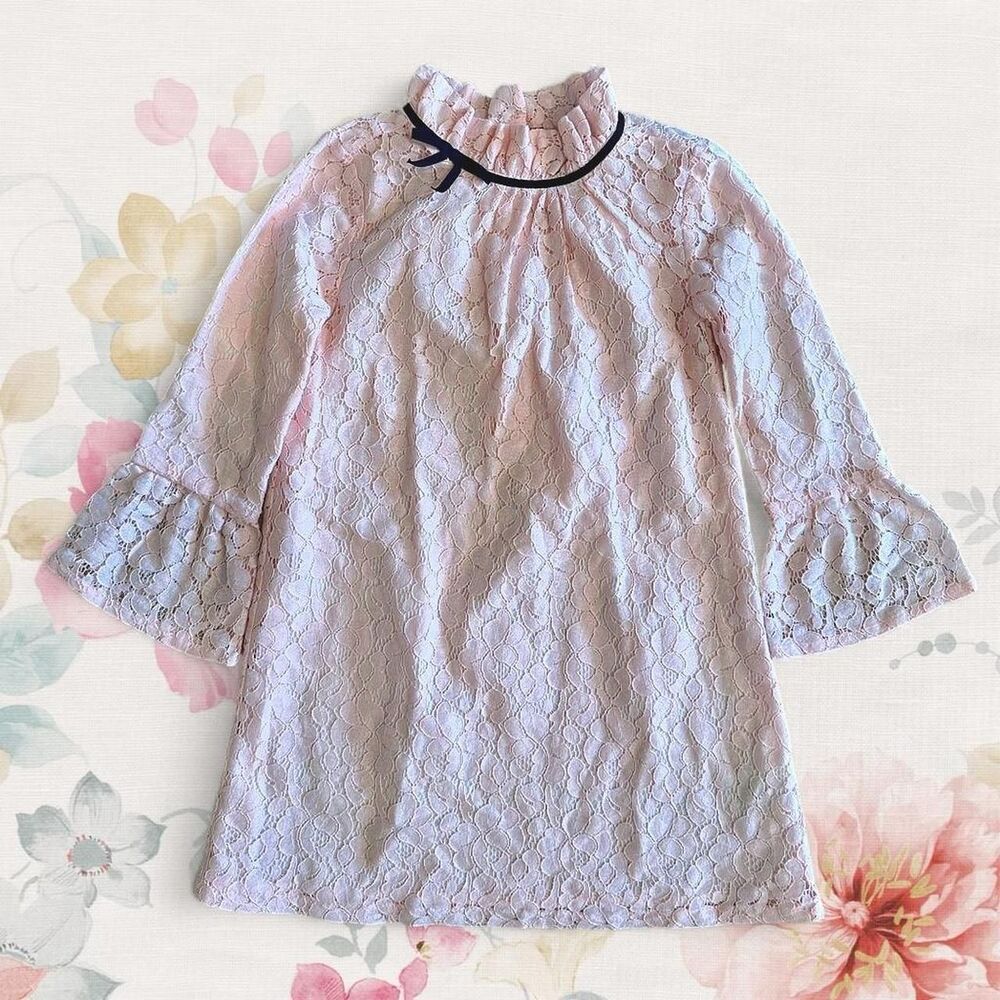 Janie and Jack Girls 5 Pink Lace Dress Navy Ribbon Bell Sleeve